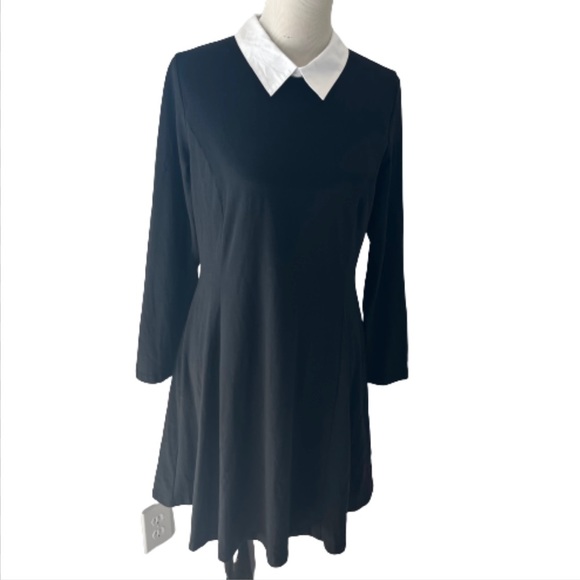 Aphratti Black Long Sleeve Dress with White Collar, Wednesday Adams Style - Picture 1 of 12